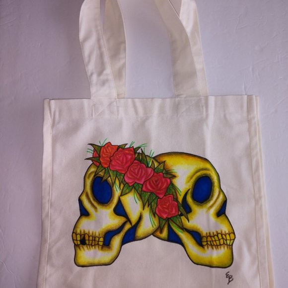 Hand-Painted Skull Tote Bag: Floral Rose Skulls, Reusable Canvas - Picture 2 of 16